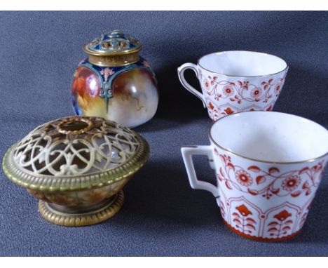 TWO PIECES OF ROYAL WORCESTER CABINET PORCELAIN and two pieces of Royal Crown Derby Rougemont china