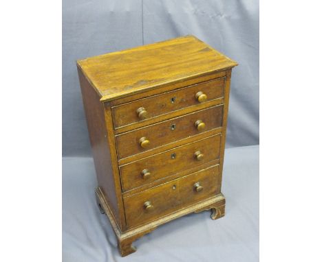 NEAT MAHOGANY CHEST OF FOUR DRAWERS with turned wood knobs on ogee corner bracket fee, 74cms H, 48cms W, 31cms D