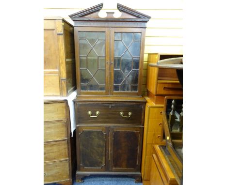 19TH CENTURY MAHOGANY SECRETAIRE BOOKCASE, broken pediment top over twin thirteen pane astragal glazed doors with adjustable 