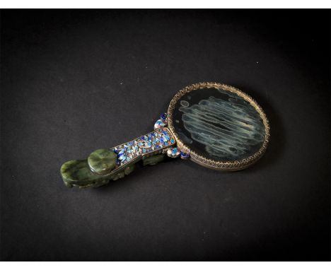 Spinach Jade Belt Buckle And A White Jade Plaque Enamelled Hand Mirror Qing Dynasty, 19th Century  清十九世紀 碧玉龍鉤柄手鏡 长 ( Length):