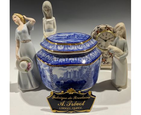 A Royal Dux figure, Girl With Sunhat, 19cm; a Mason's Applique pattern mantel clock; a Wade Ringtons blue and white tea caddy