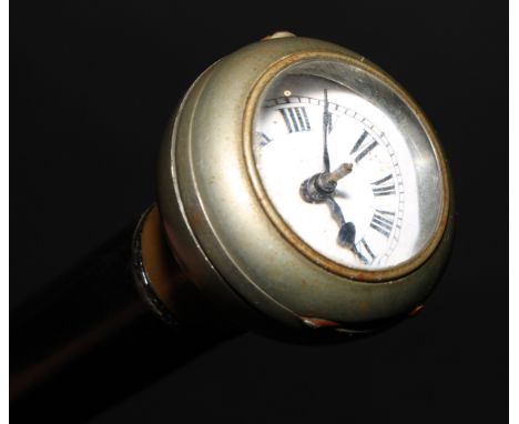 An early 20th century novelty horological walking stick, the pommel with a watch, the 3cm enamel dial with Arabic numerals, t