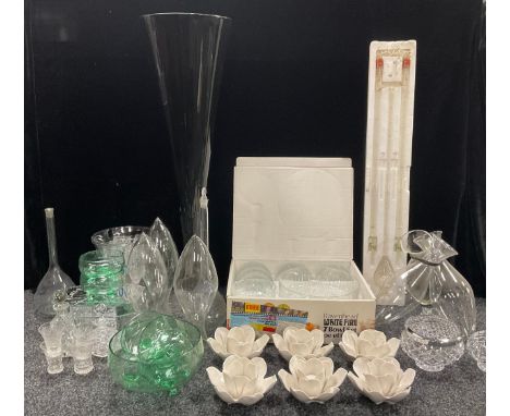 Glassware - including cut glass, large art glass conical vase, laboratory bottles, etc, qty 