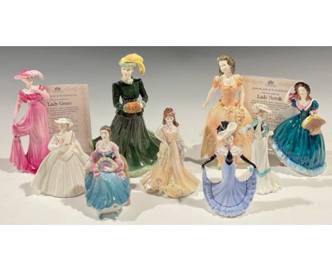 A Coalport figure, Barbara, seated with a fan, 12cm; other Coalport figures, Breeze, Harmony, Emma Louise, Emma, Chantilly La