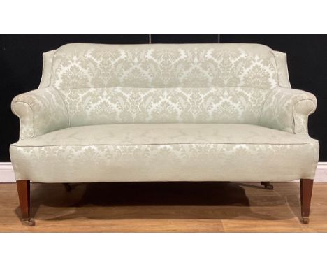 A 19th century mahogany sofa, stuffed over pale green damask upholstery, tapered square legs, ceramic casters, c.1890, 82cm h