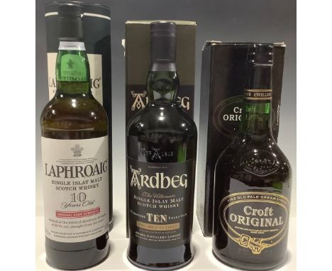 Spirits - a bottle of Laphroaig Single Islay Malt Scotch Whisky, 10 Years Old, 70cl, boxed; a bottle of Ardbeg Single Islay M