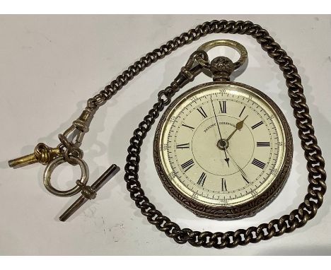 A 19th century continental silver open face Patent Chronograph pocket watch, enamel dial, Roman and Arabic numerals, centre s