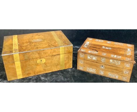 A Victorian brass bound walnut rectangular writing slope, fitted interior, 35cm wide; a 19th century rosewood and mother of p