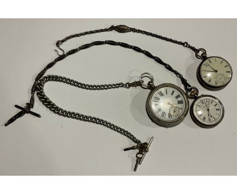 A silver plated open face pocket watch, white enamel dial, Roman numerals, subsidiary seconds dial, 8cm over suspension loop,