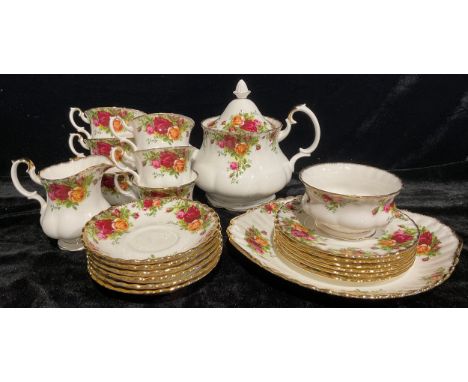 A Royal Albert Old Country Roses pattern tea service, for six, comprising teapot, cream jug, sugar bowl, side plates, cups an