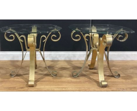 A pair of painted metal and glass occasional or lamp tables, 53cm high, 61cm wide (2) 