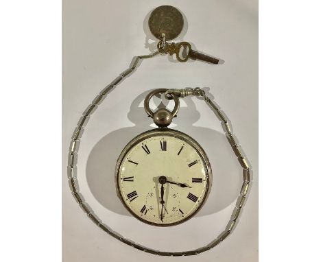 A Victorian silver open face pocket watch, enamel dial, Roman numerals, subsidiary seconds dial, 7.5cm over suspension loop, 