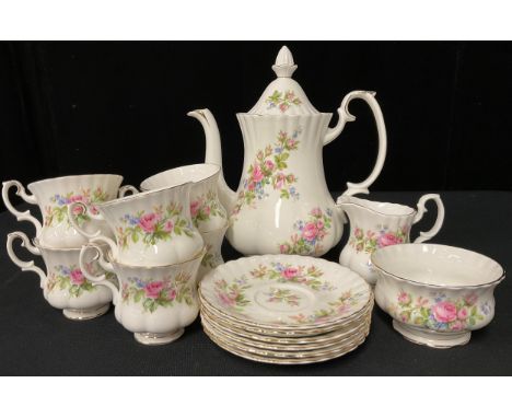 A Royal Albert Moss Rose pattern coffee set, comprising coffee pot, six coffee cups and saucers, cream jug and sugar bowl 