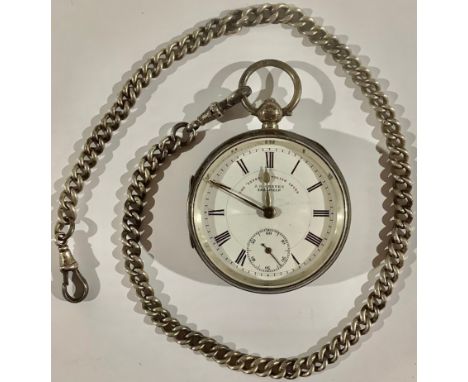 A late Victorian silver open face pocket watch, white enamel dial, The Express English Lever, JG Graves, Sheffield, Roman num