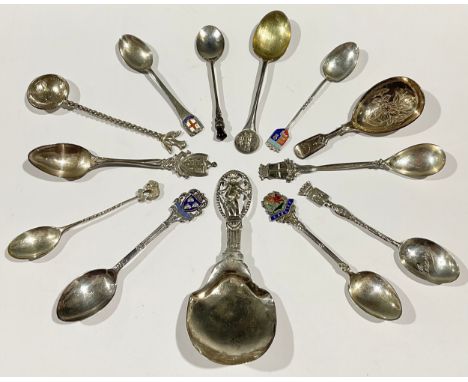 A continental silver caddy spoon, the openwork terminal as a wreathed cupid atop a classical column, assorted marks, , late 1