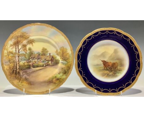 A Royal Worcester named view cabinet plate, printed and painted with Anne Hathaway's Cottage, signed R. Rushkin, date code fo