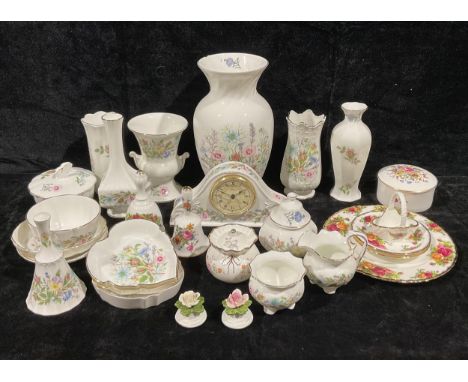 A Royal Albert Old Country Roses pattern side plate, etc; Aynsley Wild Tudor pattern clock, vases, trinket pot and cover, dis