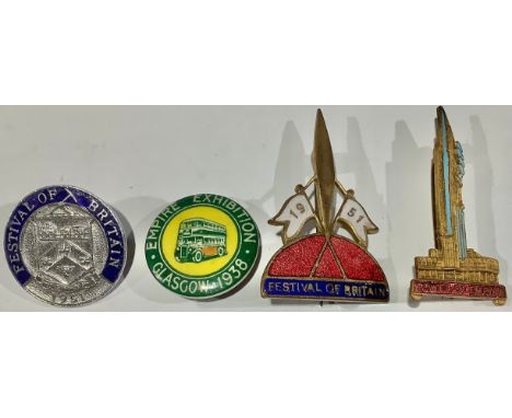 Badges - three Festival of Britain 1951 enamel badges; an Empire Exhibition, Glasgow, 1938 badge 