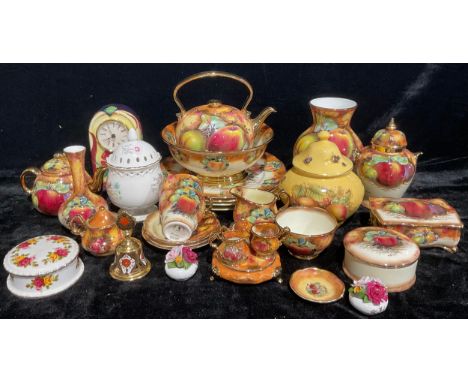 A Lymes China of Evesham tea kettle, printed and painted with ripe fruit, signed; others similar, pedestal fruit bowl, ginger