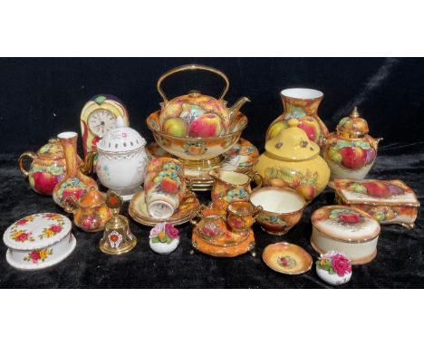 A Lymes China of Evesham tea kettle, printed and painted with ripe fruit, signed; others similar, pedestal fruit bowl, ginger