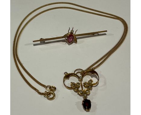 A 9ct gold rectangular bar brooch, centered with an insect set with a seed pearl and pink stone; a gold coloured metal Art No