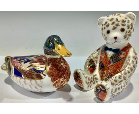 A Royal Crown Derby paperweight, Blue Bow Tie Teddy Bear, in Imari waistcoat, gold stopper; another, Mallard Duck, silver sto