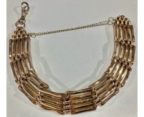 A 9ct rose gold gate link bracelet, replacement clasp, unmarked, 15g 