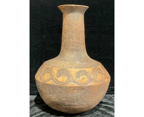 Studio Paottery - a large Art Pottery ovoid vase, Grace Potteries, Cornwall, decorated with a band of stylised fish, 39cm hig