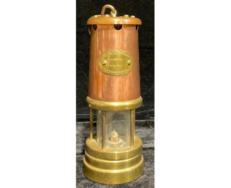 A Hockley Lamp &amp; Limelight Company copper and brass miners safety lamp, 22cm 