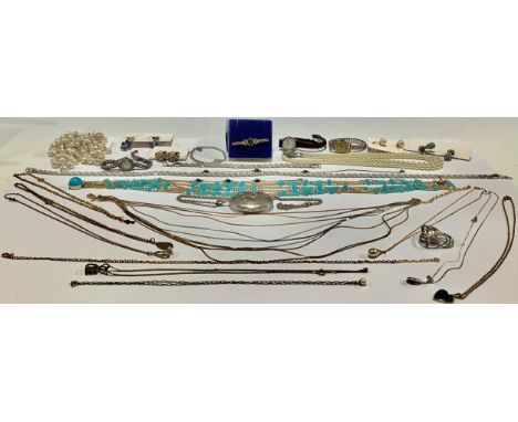 A mid 20th century oval locket, fancy link chain; a faux pearl necklace; earrings; etc (quantity) 