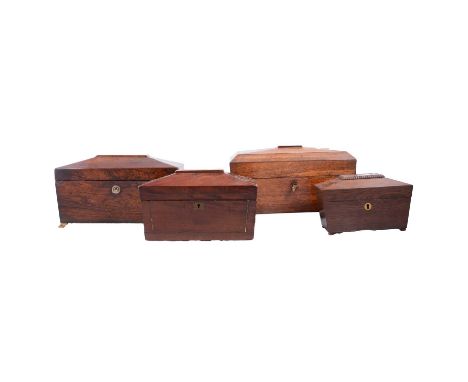 Regency mahogany sarcophagus tea caddy, brass handles and paw feet, fitted interior with two boxed and later glass, 33cm, Reg
