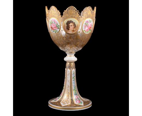 Large enamelled and gilt overlaid glass pedestal bowl, the bowl exterior painted with portrait and floral roundels, gilt scro