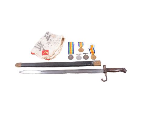 A WW2 Italian bayonet, stamped A628, scabbard stamped Brescia; WW1 - a pair of medals awarded J. 61164 L. A. Brown A.B. R.N.,