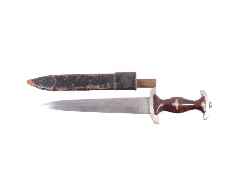 German WWII SA dagger, inlaid wooden handle, engraved blaed "Alles fur Deutschland", stamped Aug. Merten Ww. Solingen-GR., 34