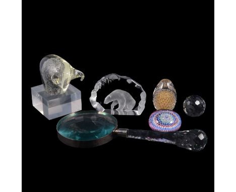 Collection of decorative glass paperweights and ornaments including Vicke Lindstrand for Kosta Polar Bear and Cub sculpture, 