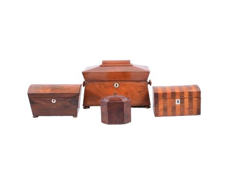 Early Victorian mahogany sarcophagus tea caddy, turned mahogany handles and bun feet, fitted interior with two boxes and late