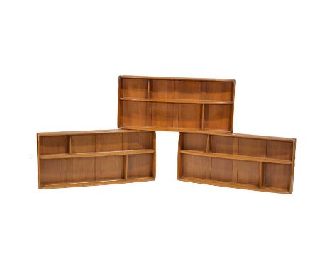 Ercol, three light elm wall shelves, each width 107cm, depth 13cm, height 50cm.Qty: 3