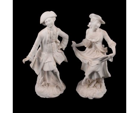 Pair of Continental bisque porcelain figures, Lady and Gentleman in 18th Century dress, unmarked, 20cm.Qty: 2Condition report