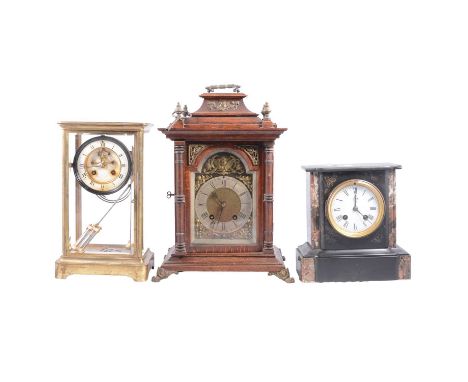 Large French lacquered brass four-glass mantel clock, 29.5cm; Victorian marble mantel clock, 21.5cm; and an oak cased table c