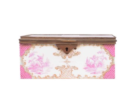 Continental porcelain jewellery box, rectangular form, glass cover, the exterior walls painted with panels of cherubs painted