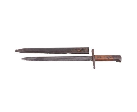A Bowie knife, two part horn handle, 22.5cm blade stamped WATSON, leather scabbard, and an Italian bayonet with metal scabbar
