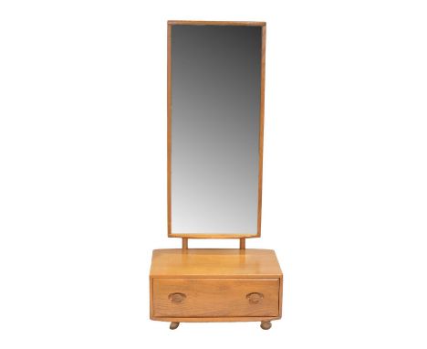 Ercol light elm cheval mirror, single drawer under, width 66cm, depth 47cm, height 152cm.Condition report:The strut arm that 