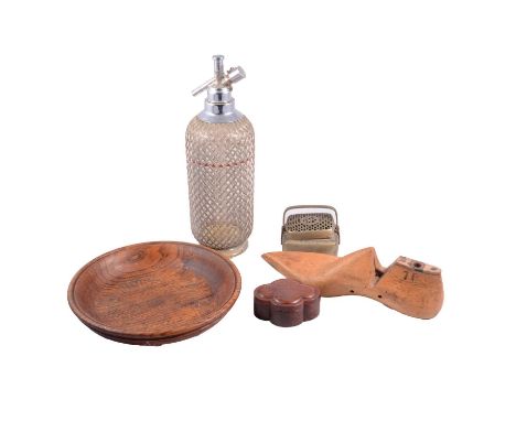 Vintage soda syphon, mesh-covered glass body, a turned oak shallow wooden bowl, 26cm, a shoe last, Chinese metal box with pie