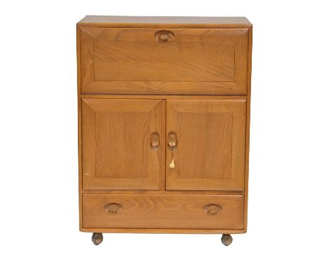 Ercol light elm secretaire cabinet, fall front above a cupboard and drawer, width 82cm, depth 45cm, height 111cm.Condition re
