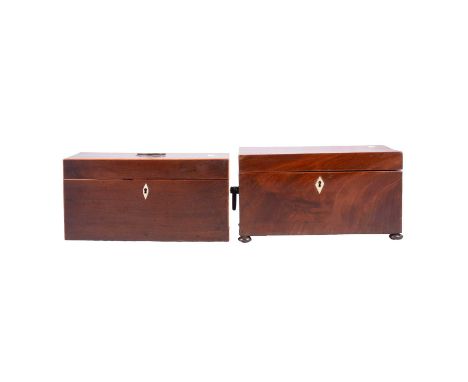 Georgian mahogany tea caddy, rectangular with boxwood outlines, ehit metal handle, fitted interior with two boxes and later g