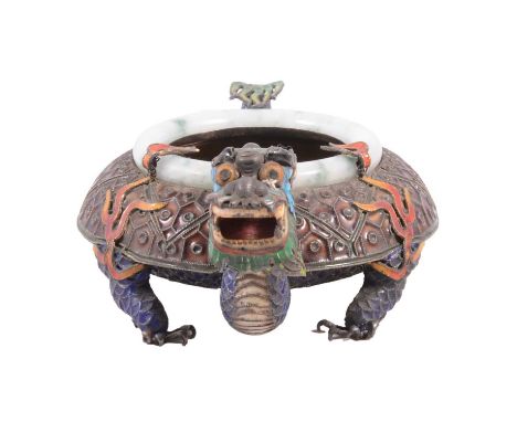 Chinese white metal and cloisonne Dragon ashtray, with jade ring to the rimstamped to the underside 'Silver', 16cm long, 6cm.