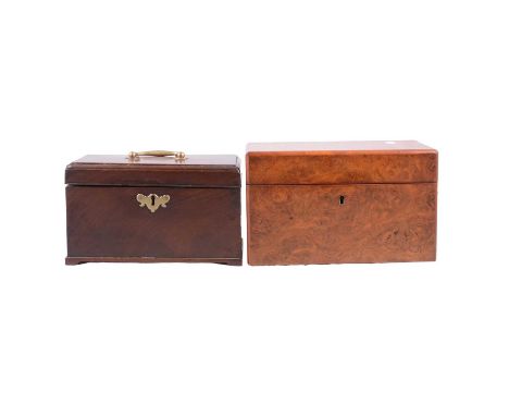 Early Victorian burr walnut tea caddy, rectangular form, fitted interior with one box and later glass, 26cm, and a Georgian m