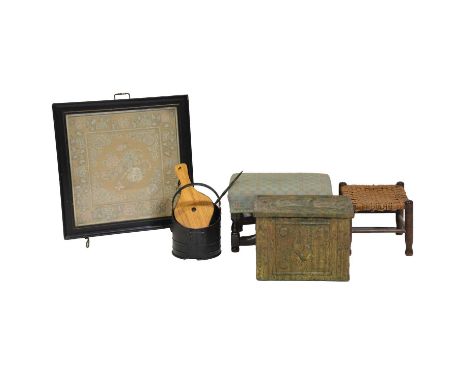 Ebonised firescreen with silkwork panel, 58x57cm; two small footstools, and an Arts and Crafts style brass coal box, the cove