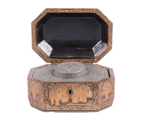 Early 19th century Chinese lacquered tea caddy, canted form, decorated with figural panels, and fitted with the original meta