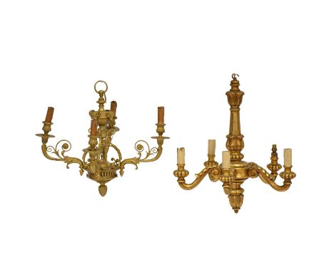 Gilt metal four-light chandelier, scrolling open arms, the column cast as a classical urn with rams heads, approximate drop 4